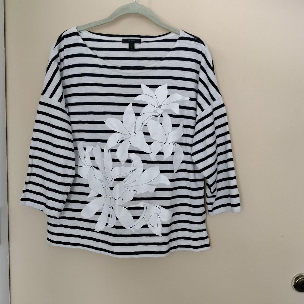 J Crew women long sleeve Cotton Blue white striped floral Top shirt L Nautical